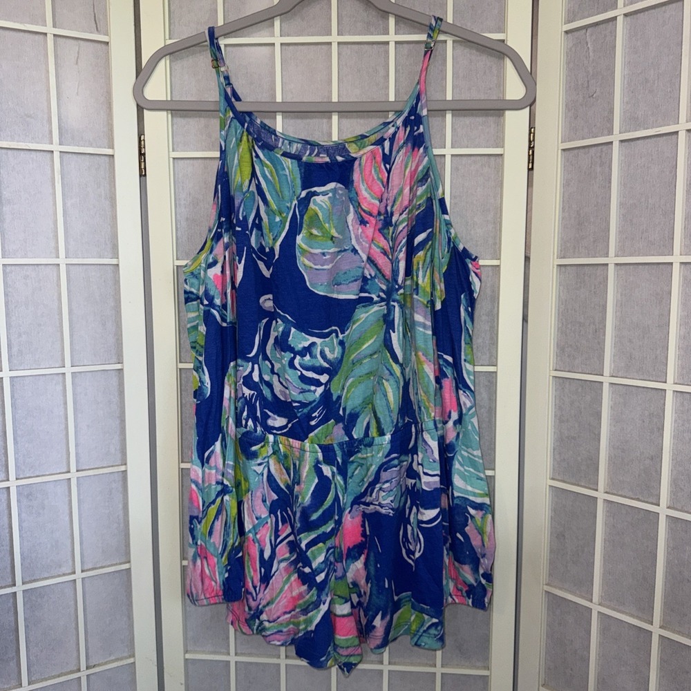 Lilly Pulitzer Girls‎ Cold Shoulder Romper Blue Pink Green Palm Cotton XL 12-14